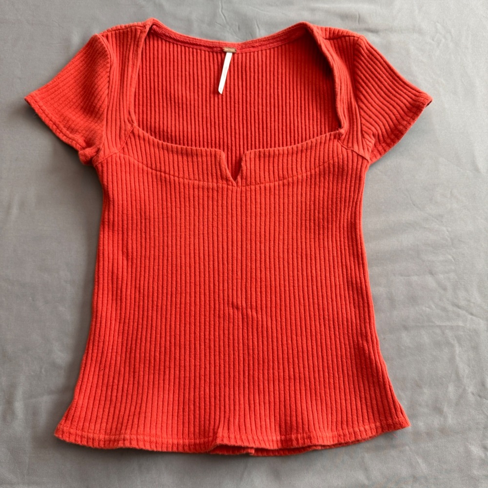 Free People Womens Ribbed Knit Notched Square Neck Short Sleeve Top Orange Red M